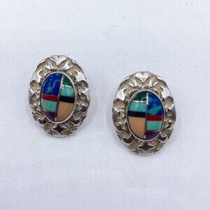 Vintage Masha Sterling Silver Inlay Earrings With Multicolor Gemstones Medium